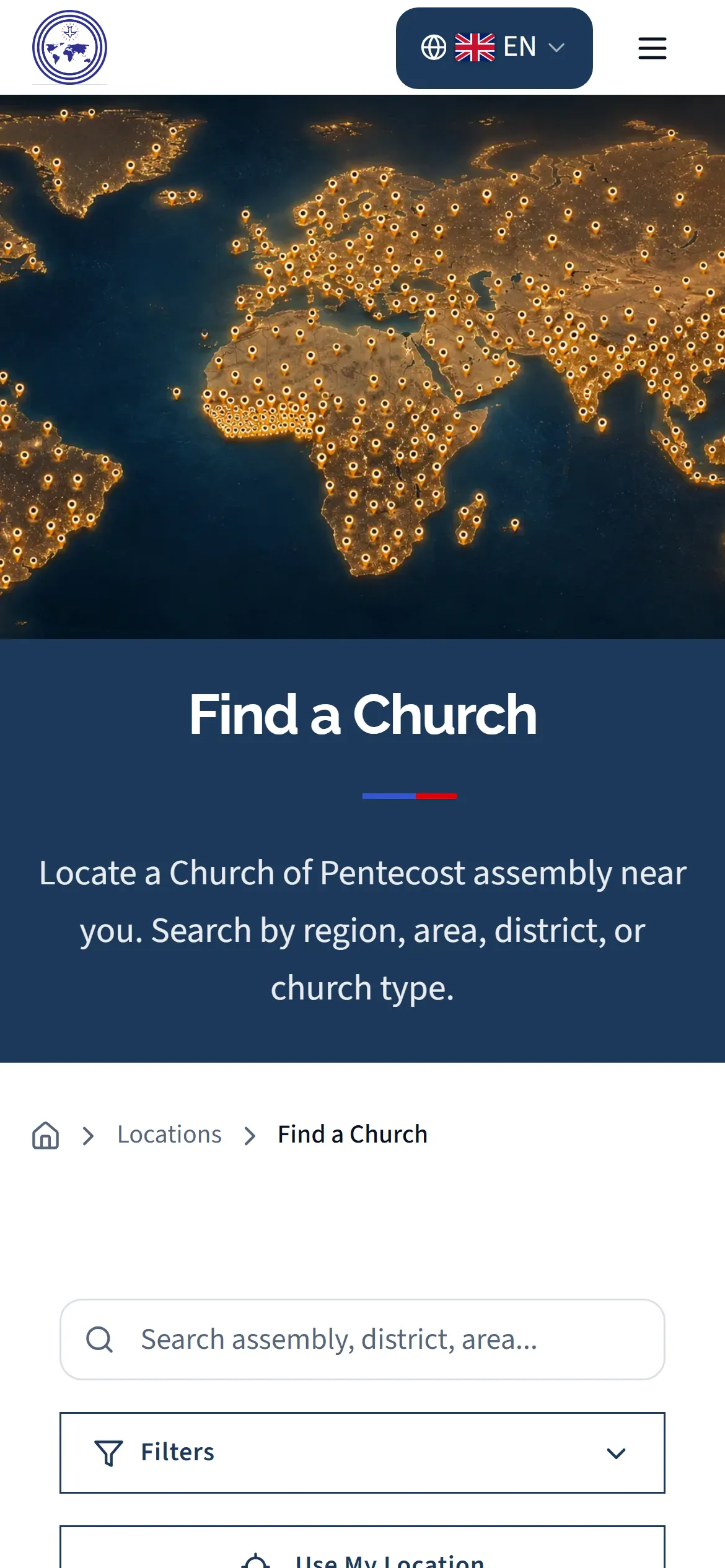 The Global Platform’s “Find a Church” page on a phone, with the language switcher and the assembly search.