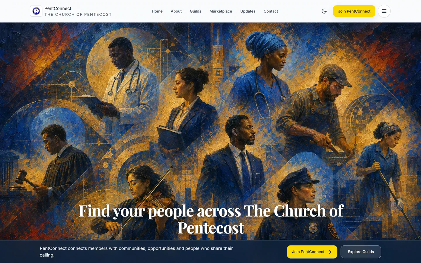 PentConnect home page for The Church of Pentecost: a painted illustration of professionals from many fields beneath the headline “Find your people across The Church of Pentecost”.